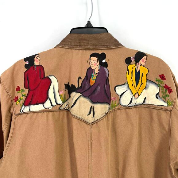 Vtg Liz Claiborne Sport Painted Southwestern Woman Feather Duster Coat Sz MP - Picture 10 of 16